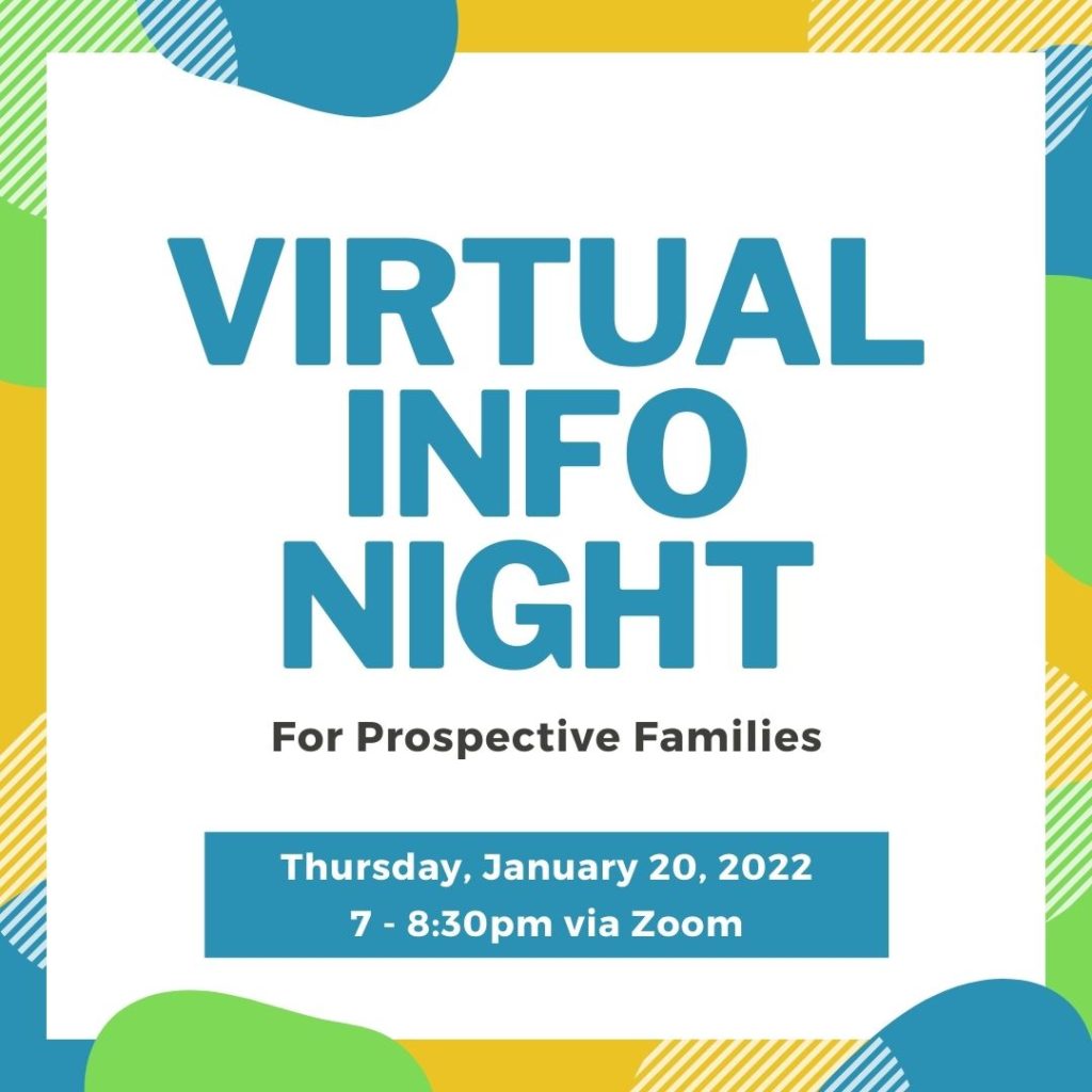 a photo of text with the caption Virtual Info Night for Prospective Families at Sequoia Nursery School on Thursday, January 20, 2022 from 7-8:30pm via Zoom